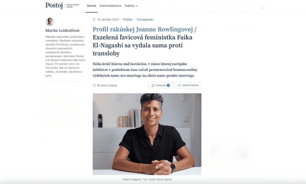 Postoj [Slovak]: Former Green left-wing feminist Faika El-Nagashi sets out alone against the trans lobby