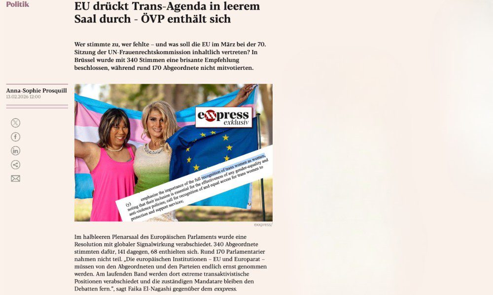 Exxpress [German]:EU pushes through trans agenda in empty chamber – Austrian People’s Party abstains