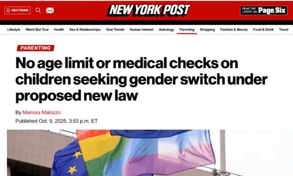 New York Post: No age limit or medical checks on children seeking gender switch under proposed new law