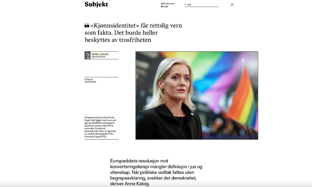 Subjekt [Norwegian]: ‘Gender identity’ is granted legal protection as fact. It should instead be protected under freedom of religion or belief.